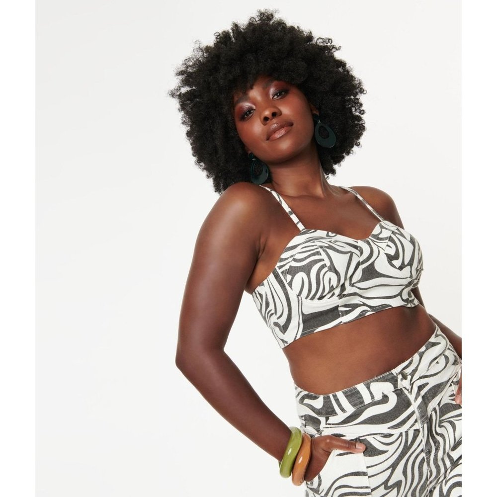 Melrose With Love Retro Black & White Swirl Print Crop Top Stretch M